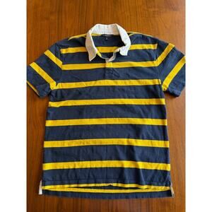 Banana Republic Men's Striped Navy and Yellow Short Sleeve Rugby Shirt - Size M